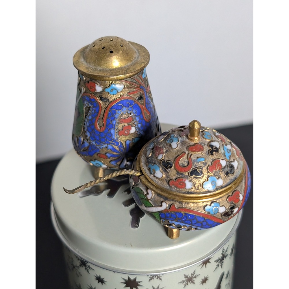 Vintage Small Chinese Cloisonne Salt Cellar & Mustard Pot
